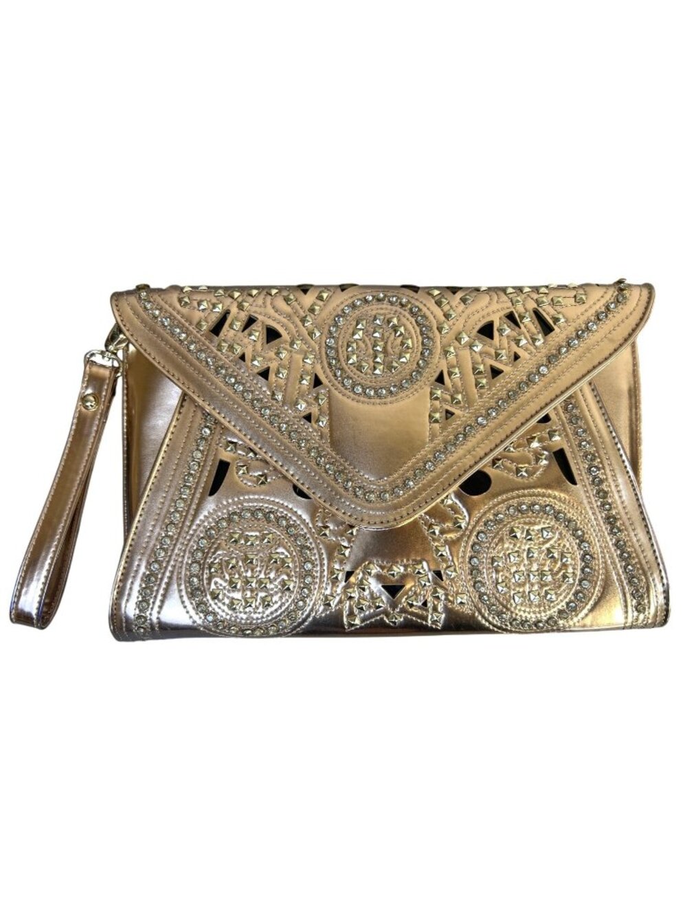 Bebe Bronze Metallic Envelope Clutch Large Evening Bag Crystal Studded Glam NWT
